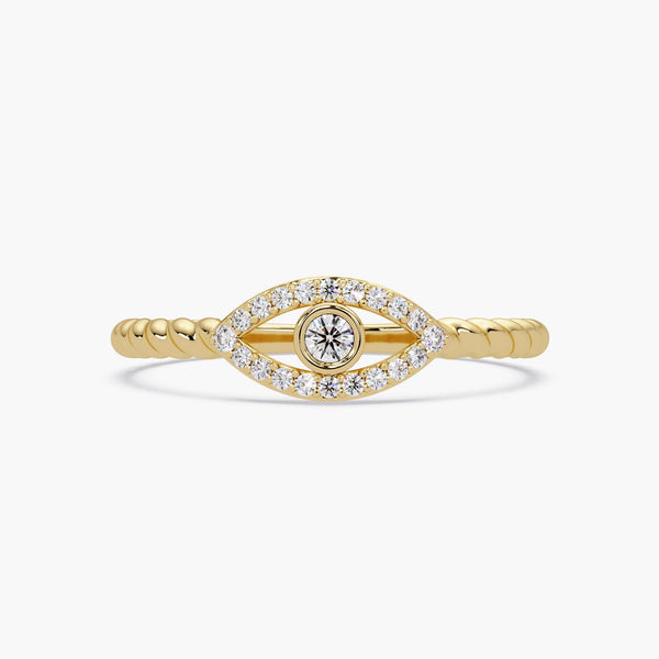 14k Gold Evil Eye Ring, Natural Diamond Dainty Ring, Minimalist Evil Eye Ring, Twist Rope Evil Eye Ring, Christmas Gift for Daughter