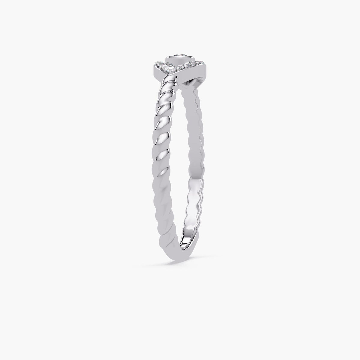 Slim twisted rope band side view of 14K gold evil eye diamond ring