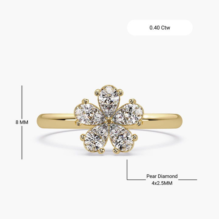 Diamond flower ring in 14K gold with pear cut stones, 8mm face size, 0.40 ctw