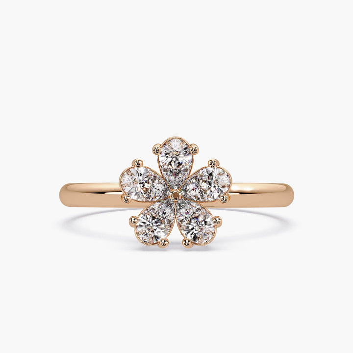 14K rose gold flower ring with pear shaped diamonds in petal cluster, nature-inspired gift jewelry design