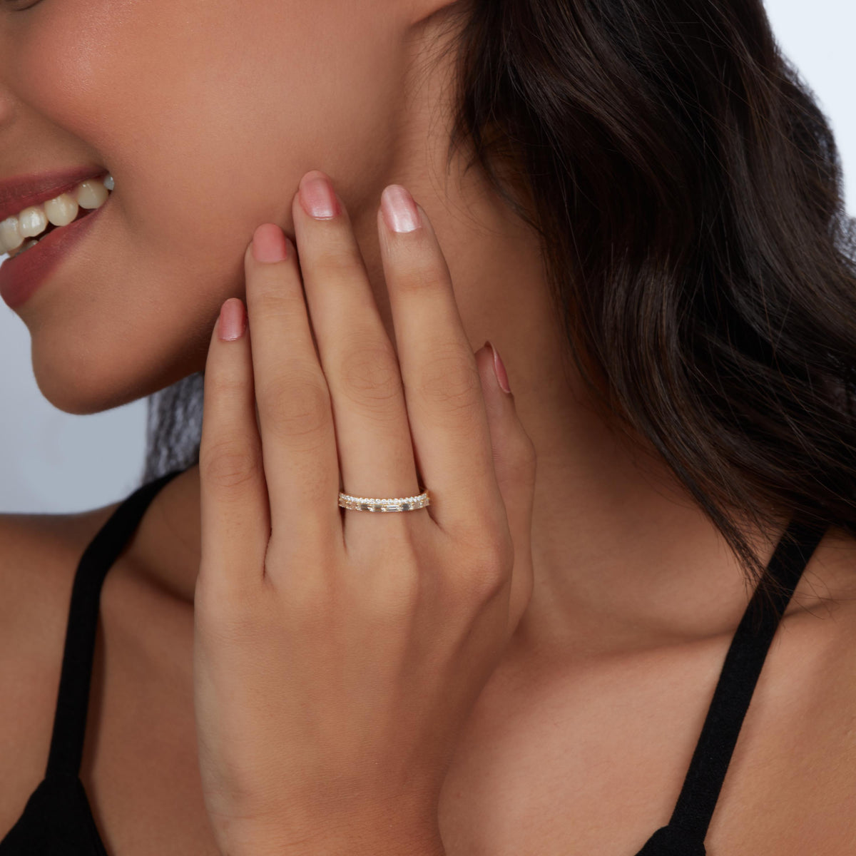 Double Row Diamond Band, Baguette & Round Lab Diamond Ring, 14K Gold Stackable Wedding Band, Half Eternity Ring Gift for Her