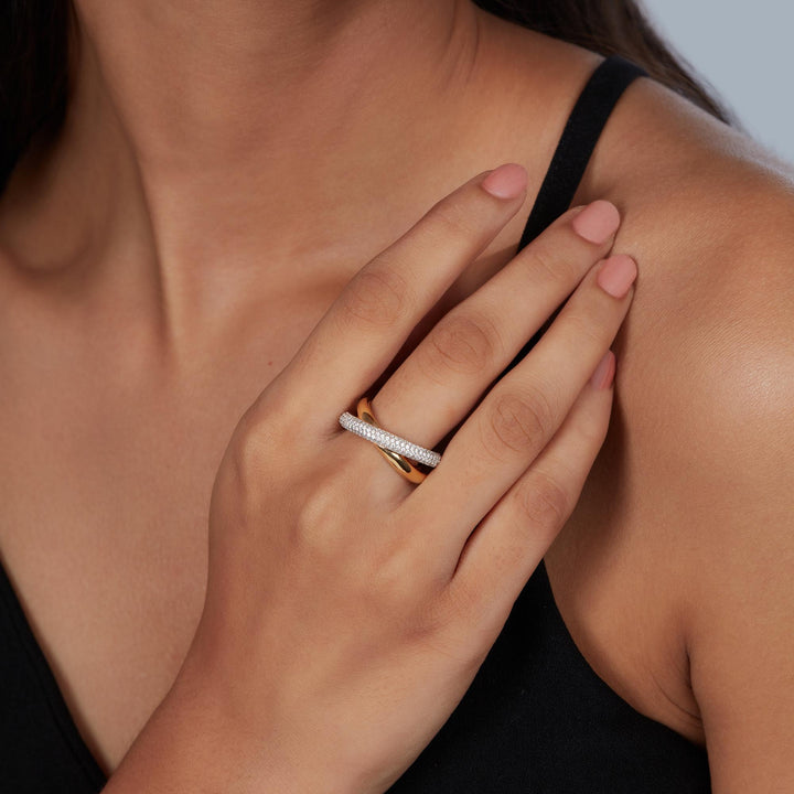 14K Gold Pavé Diamond Crossover Ring: Chunky Statement Band