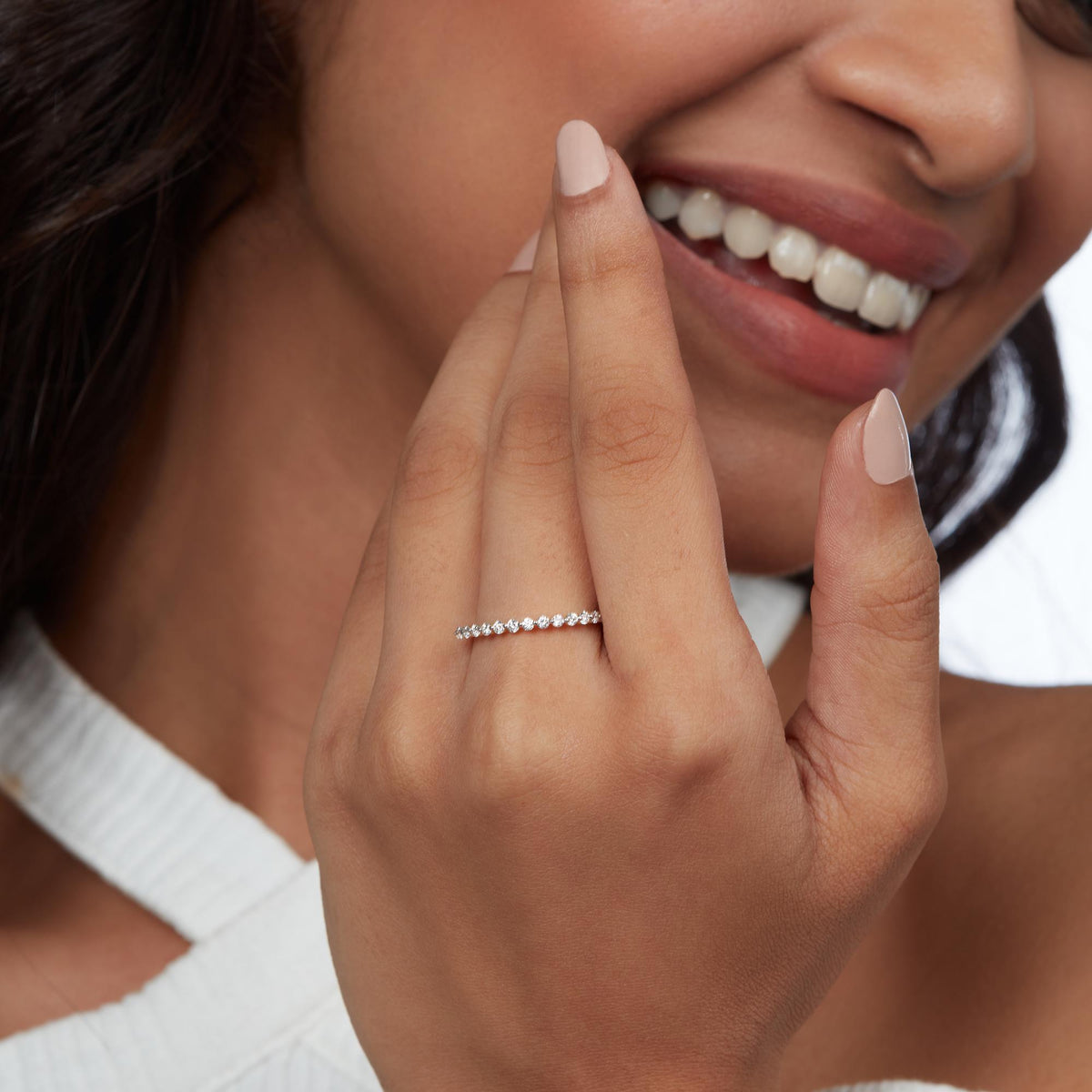 Ultra Thin Floating Diamond Half Eternity Band, 14K Gold Lab Grown Diamond Ring, Shared Prong Band, Minimalist Stacking Ring