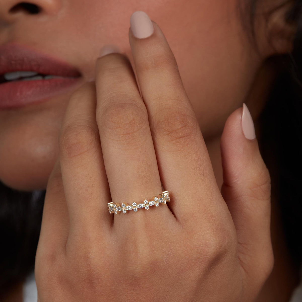 Clover Stacking Ring in 14K Gold, Marquise and Round Cluster Ring with Lab Diamond