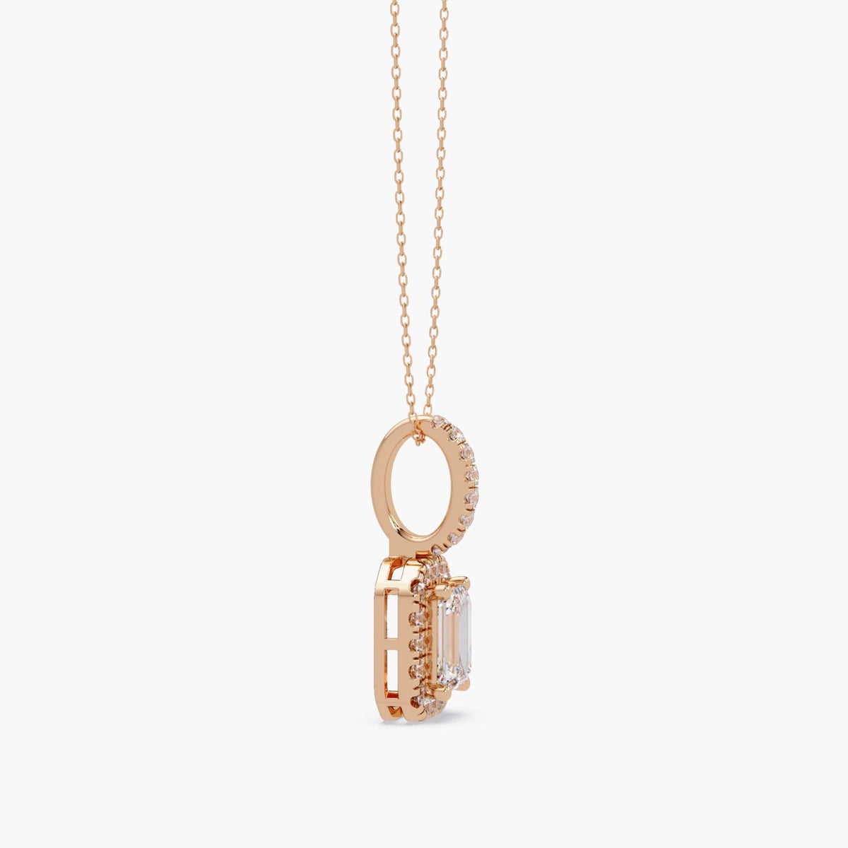 14K rose gold emerald cut diamond halo pendant with pavé diamond bail, prong-set center stone, and open gallery design