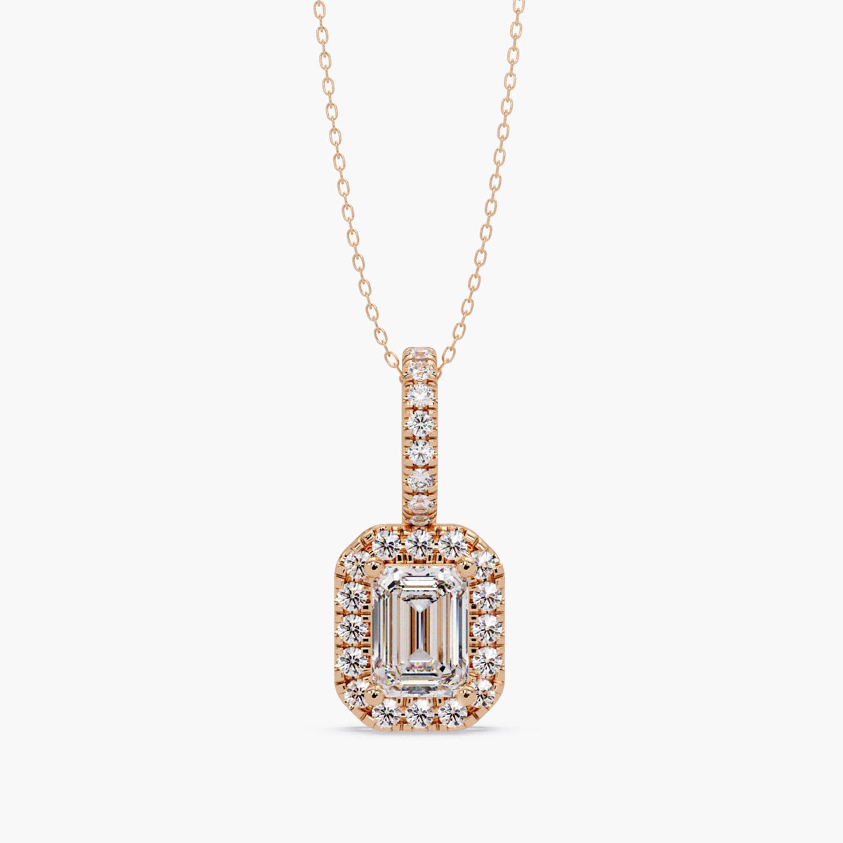 14K rose gold emerald cut diamond halo pendant with round pavé diamonds on bail and dainty cable chain, front view