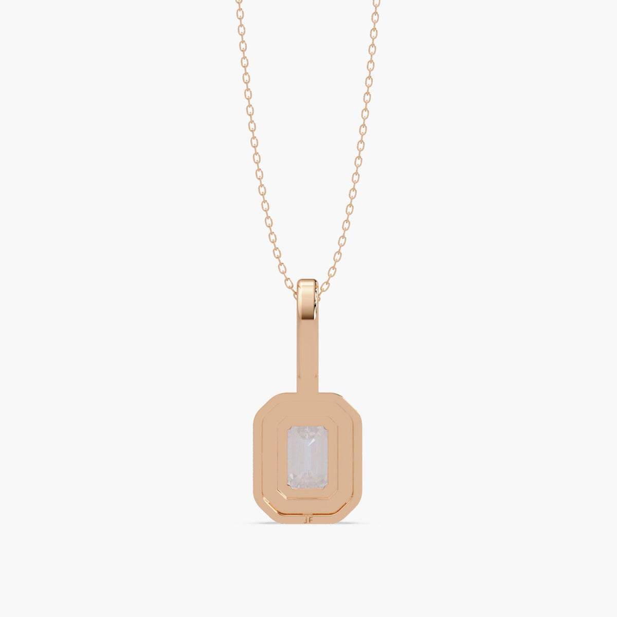 14K rose gold emerald cut diamond halo pendant with closed bezel frame and dainty cable chain