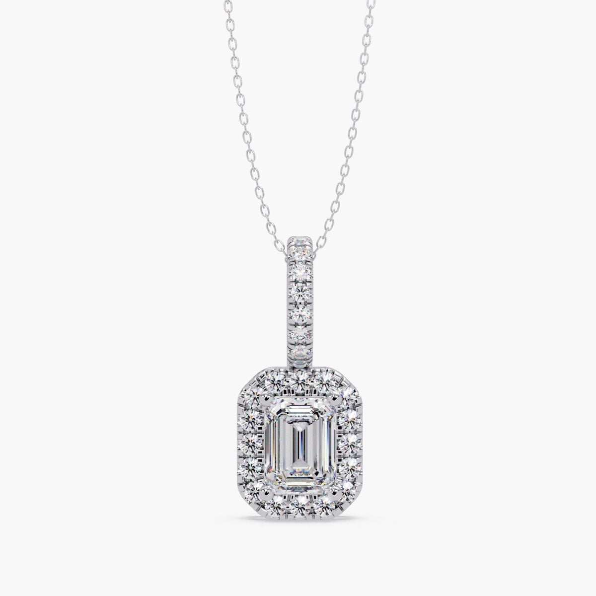 14K white gold emerald cut diamond halo pendant with round diamond pavé bail on cable chain, front view