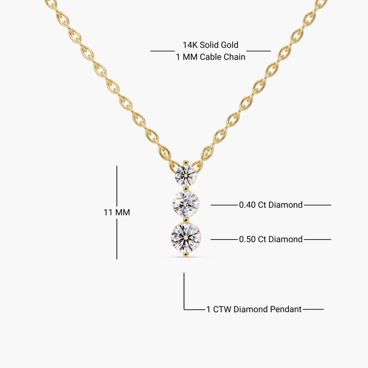 14K yellow gold necklace with three round lab-grown diamonds in a vertical pendant, showing 1 CTW total weight, 11mm length, 0.40 and 0.50 carat stones, and 1mm cable chain