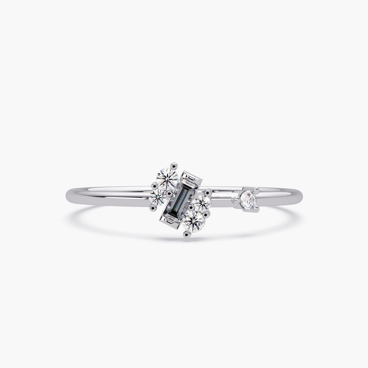14k white gold asymmetric cluster ring with baguette and round lab grown diamonds