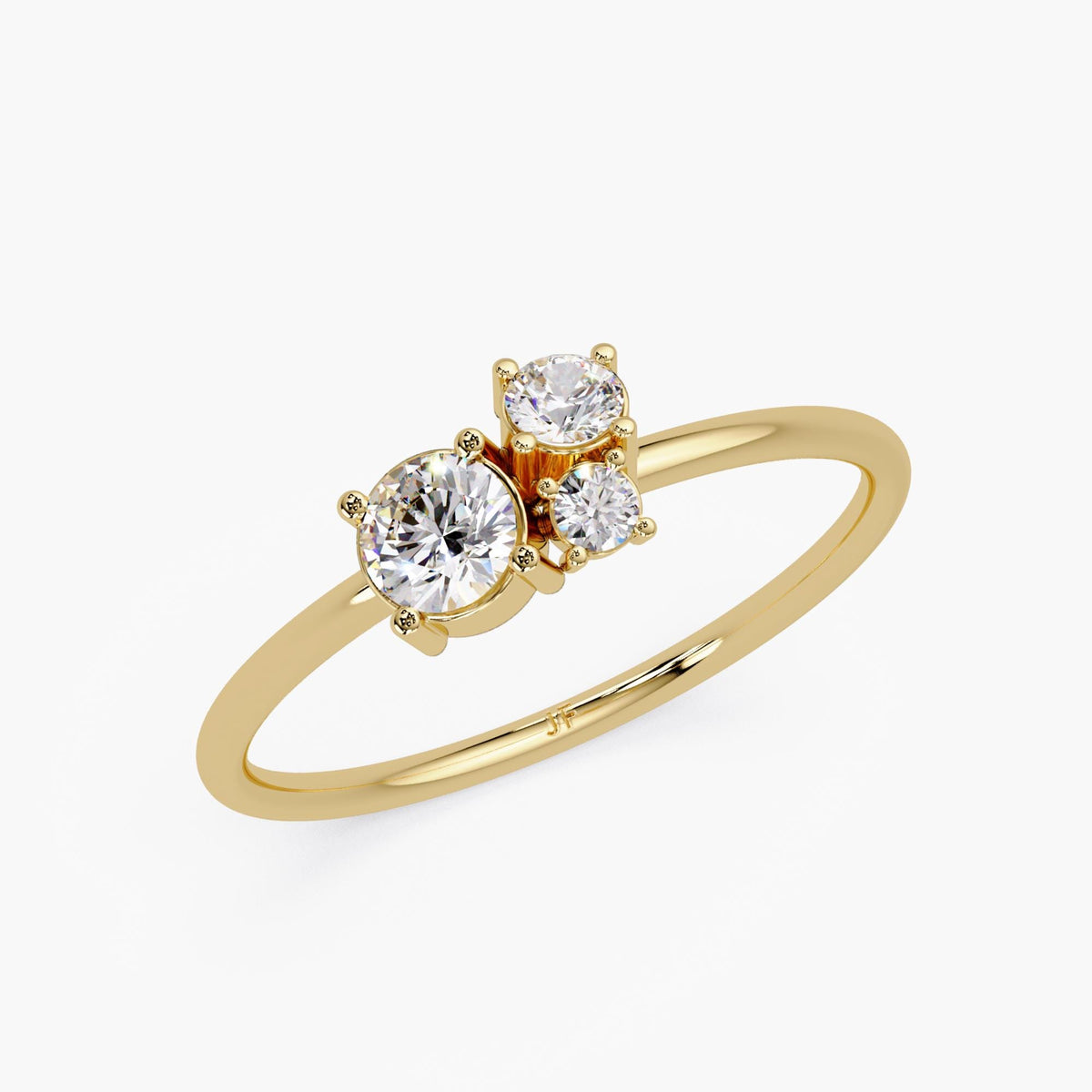 14k gold three-stone lab diamond ring with a dainty graduated cluster setting, featuring round brilliant-cut diamonds on a slim band