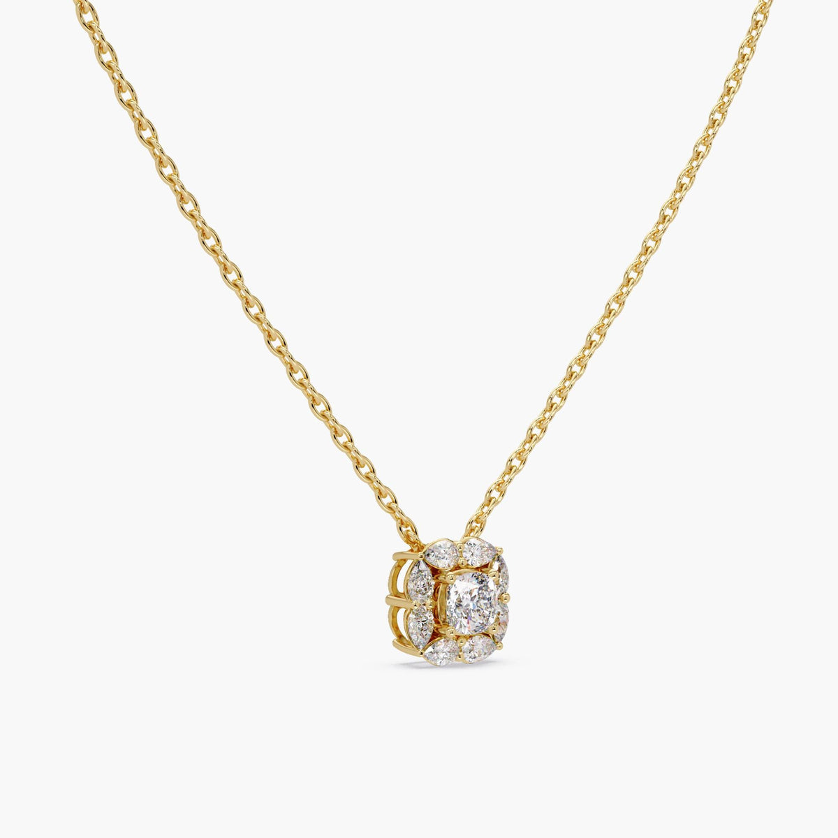 14K gold cluster pendant with a 1 ct cushion-cut IGI-certified lab diamond and pear-shaped lab-grown diamond halo; prong-set Art Deco necklace designed for anniversary gifting or modern heirloom wear.