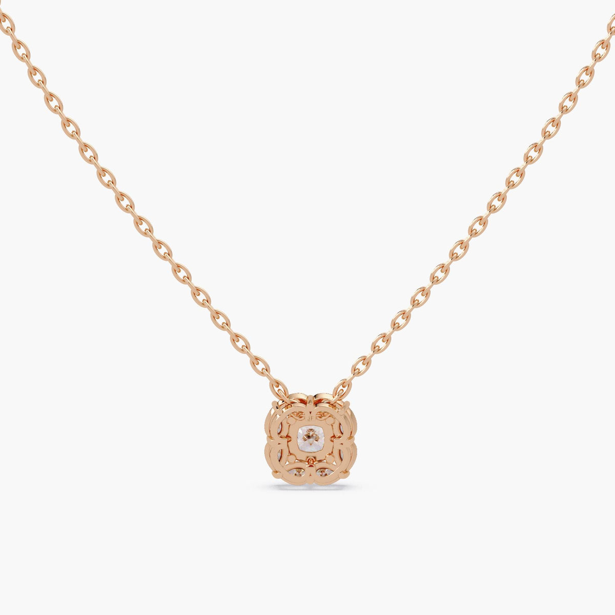 14K rose gold cushion diamond pendant featuring a 1 carat certified lab-grown center and intricate filigree gallery work—vintage-inspired fine jewelry with heirloom detailing, ideal for gifting or bridal styling.