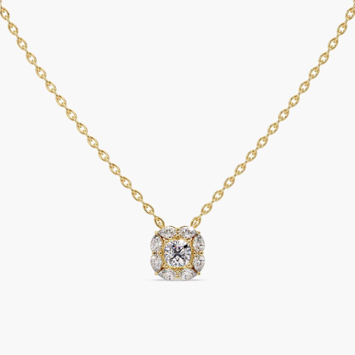 14K gold cushion diamond halo necklace featuring a certified 1 ct IGI lab-grown diamond framed by pear-shaped accents in a floral cluster design; minimalist luxury pendant for bridal, anniversary, or everyday layering.