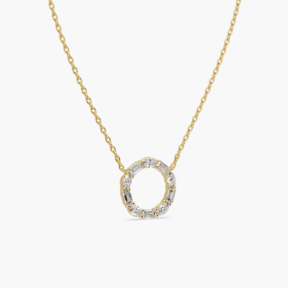 14K yellow gold open circle pendant with alternating lab-grown oval and emerald-cut diamonds, set in a polished prong setting.