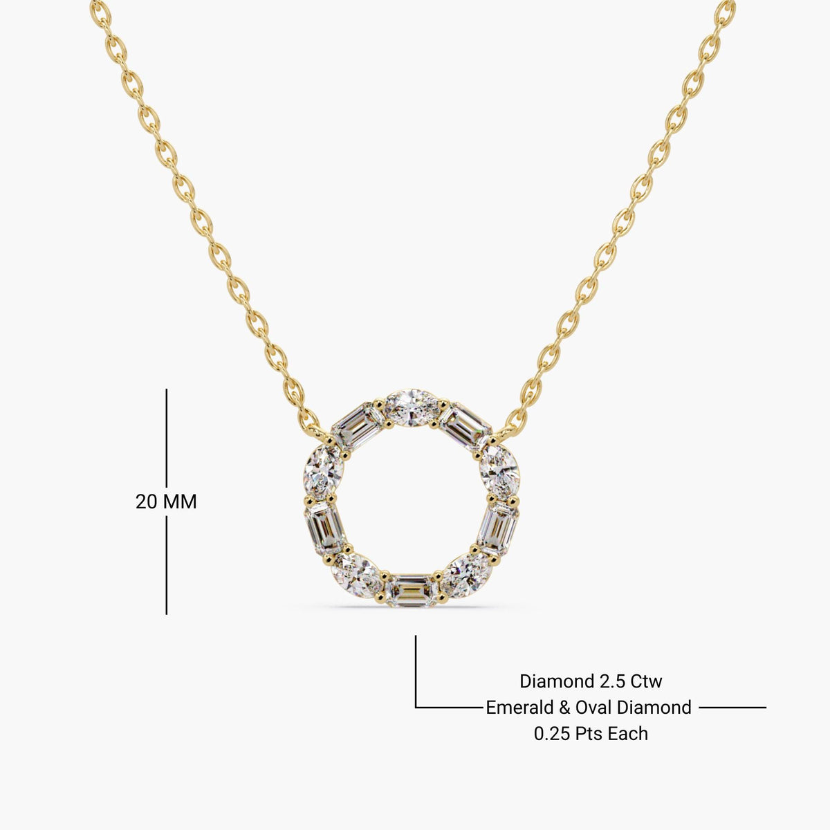 20mm diamond circle pendant in 14K yellow gold, set with alternating oval and emerald-cut lab-grown diamonds totaling 2.5 carats; each stone approx. 0.25 ct.