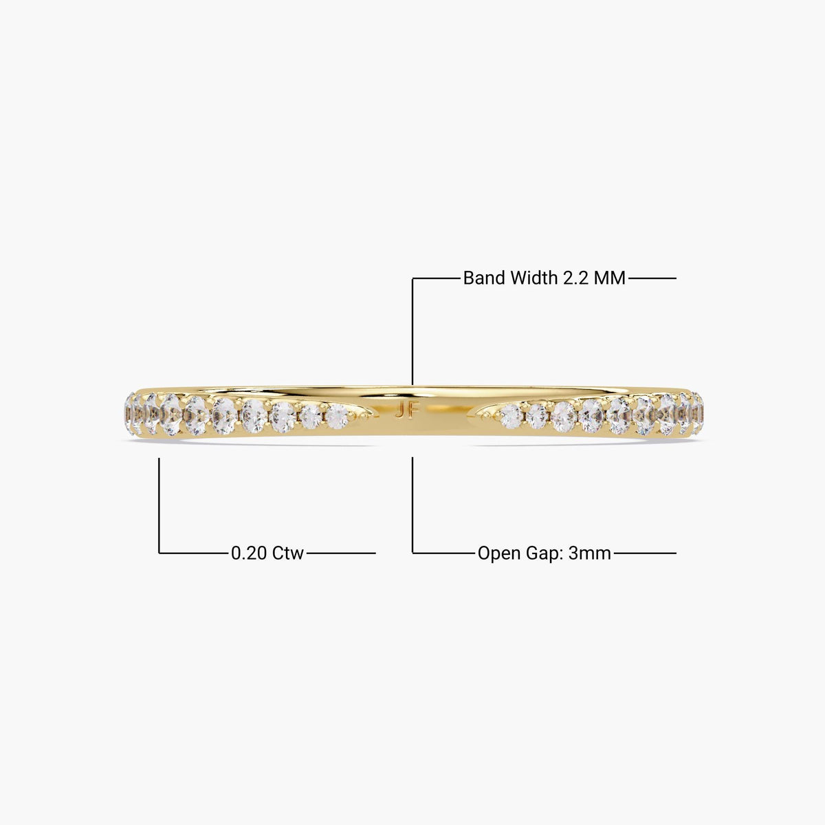 14K yellow gold open band ring with genuine natural diamonds, slim 2.2mm cuff band featuring 0.20 carat total weight and 3mm open gap, pavé-set round diamonds across the top, elegant minimalist design ideal as a stacking ring, wedding band, or everyday fine jewelry gift.