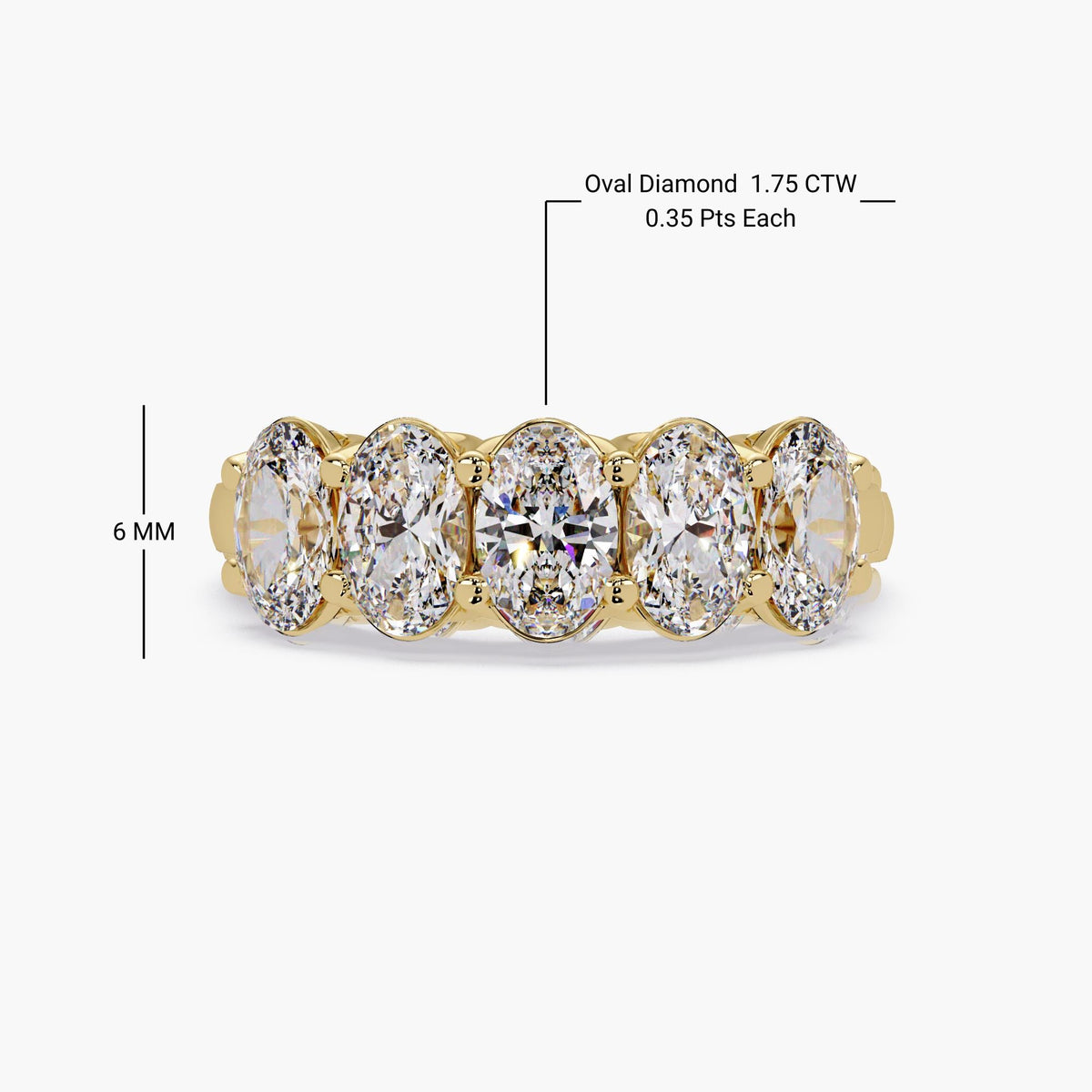 14K yellow gold five stone oval diamond band with 6mm lab-grown diamonds, totaling 1.75 carats in a half eternity design.
