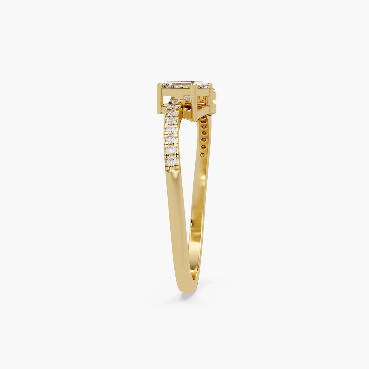 14K yellow gold toi et moi ring with pavé diamond band and elevated prong setting holding emerald cut and pear cut lab diamonds, modern bypass two stone engagement ring