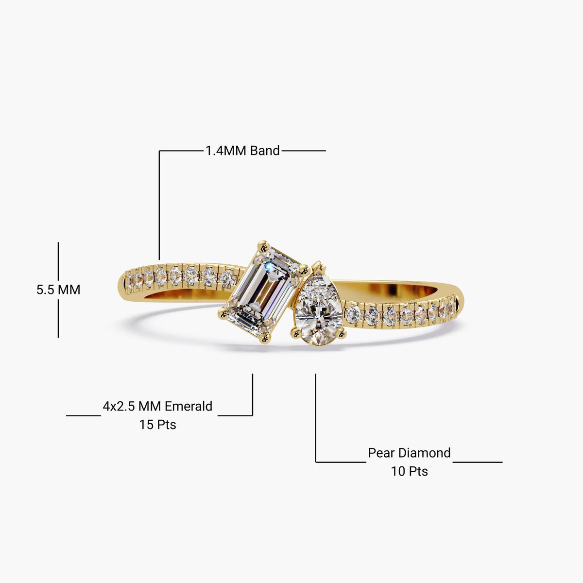14K gold toi et moi ring with emerald cut diamond 4x2.5mm (0.15ct) and pear cut diamond 0.10ct, pavé half eternity band 1.4mm width, 5.5mm height, modern bypass two stone engagement ring