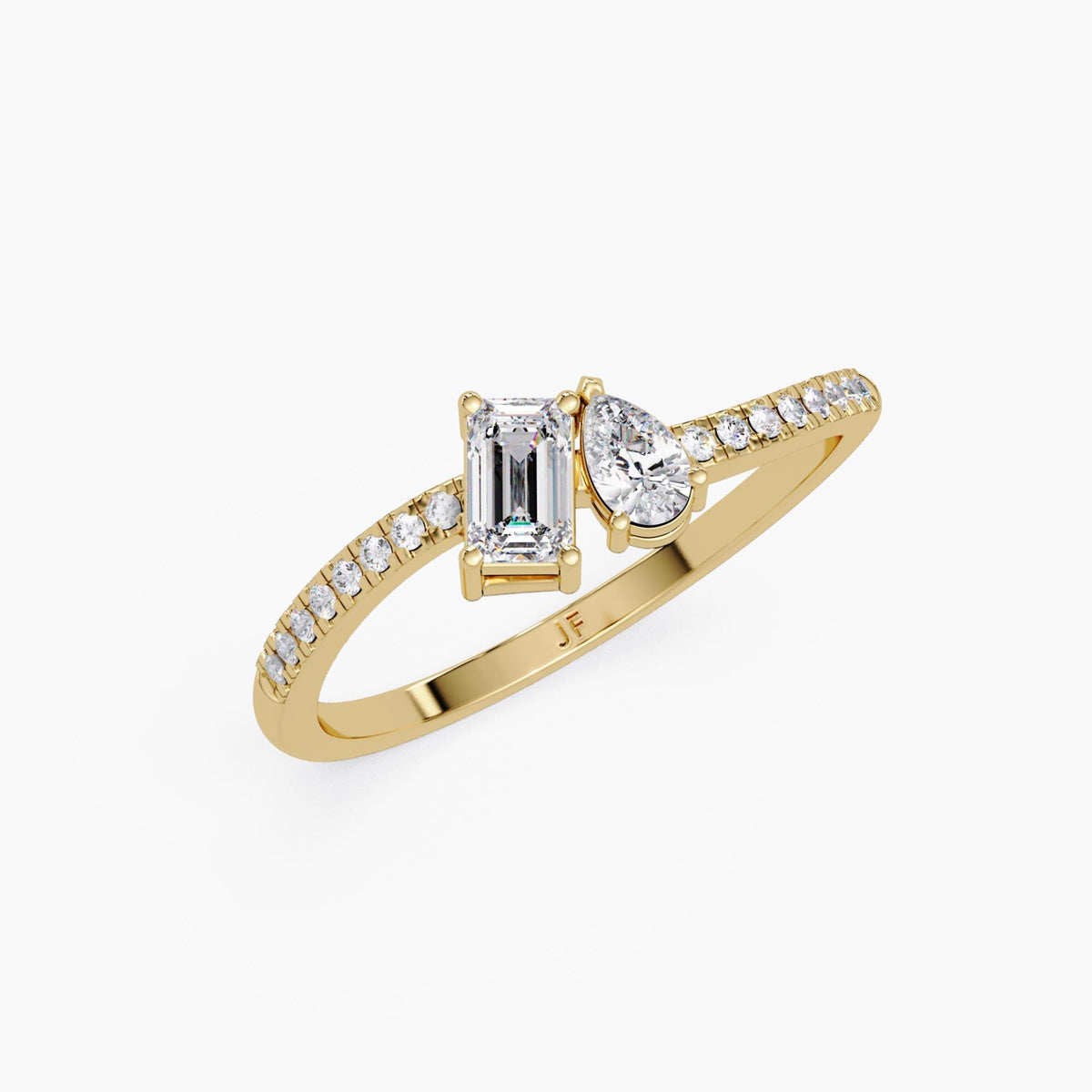 14K gold toi et moi bypass ring with emerald cut and pear cut lab grown diamonds on a pavé half eternity band, modern dainty engagement or promise ring