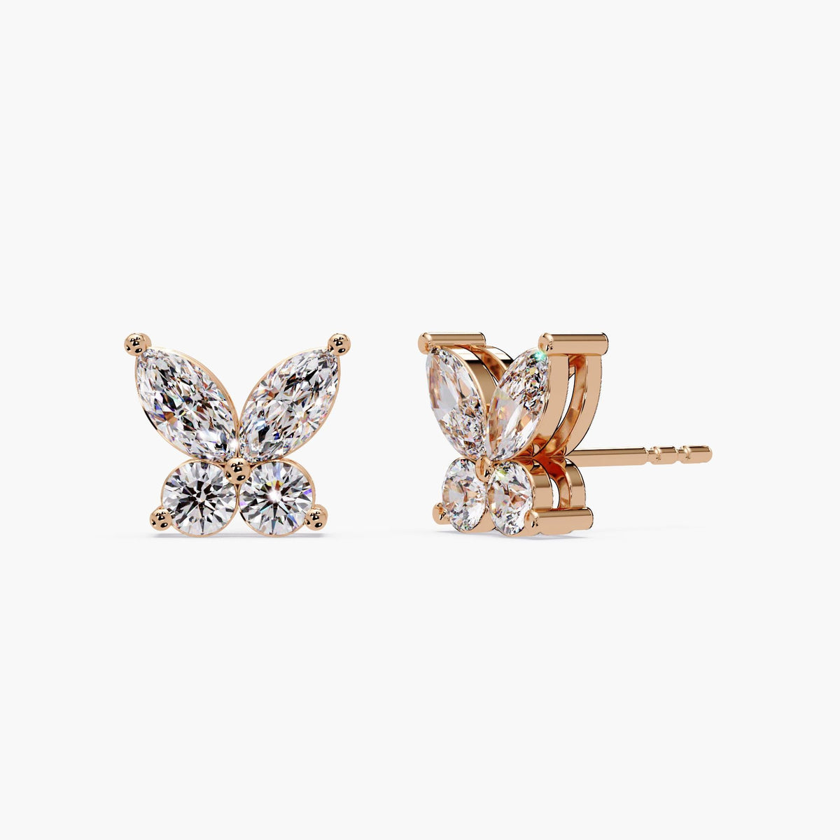 14K rose gold butterfly stud earrings featuring marquise and round lab-grown diamonds in a four-stone floral cluster design, ideal for everyday wear or gifting.