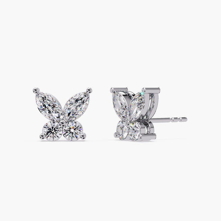 14K white gold butterfly earrings with marquise and round lab-grown diamonds, designed in a sculptural four-stone floral silhouette for everyday luxury and elegant gifting.