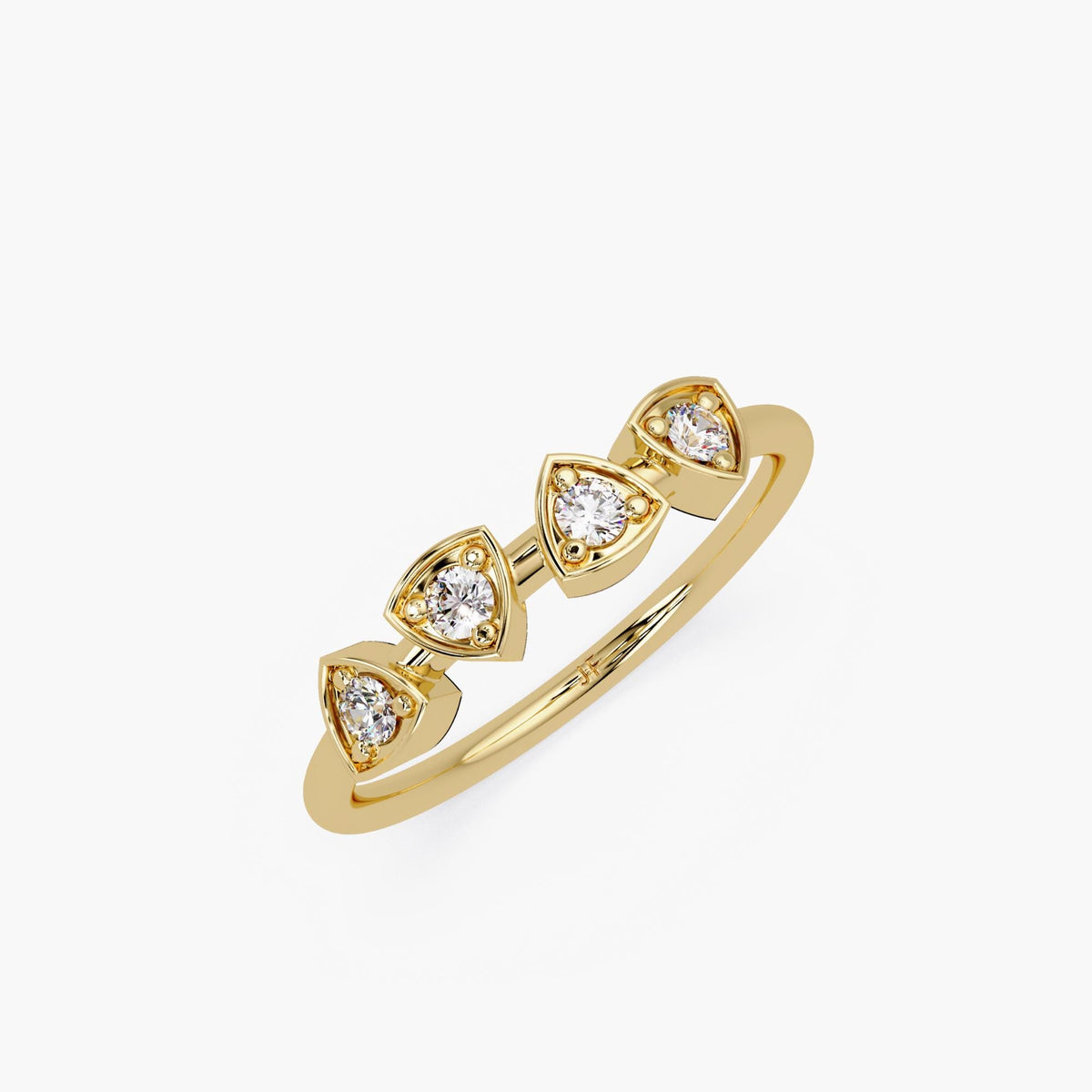 14K yellow gold diamond ring with four round lab-grown diamonds set in sculptural trillion bezels. Geometric stacking band with modern minimalist style, perfect as a unique gift or layering ring.