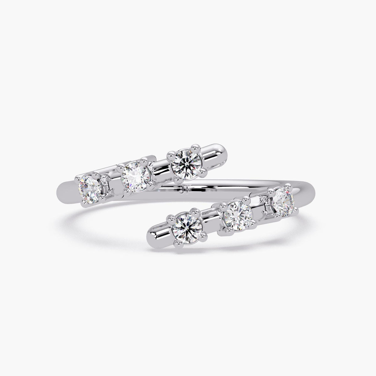 14K white gold open crossover ring featuring two floating diamond rows with prong-set round lab-grown diamonds.