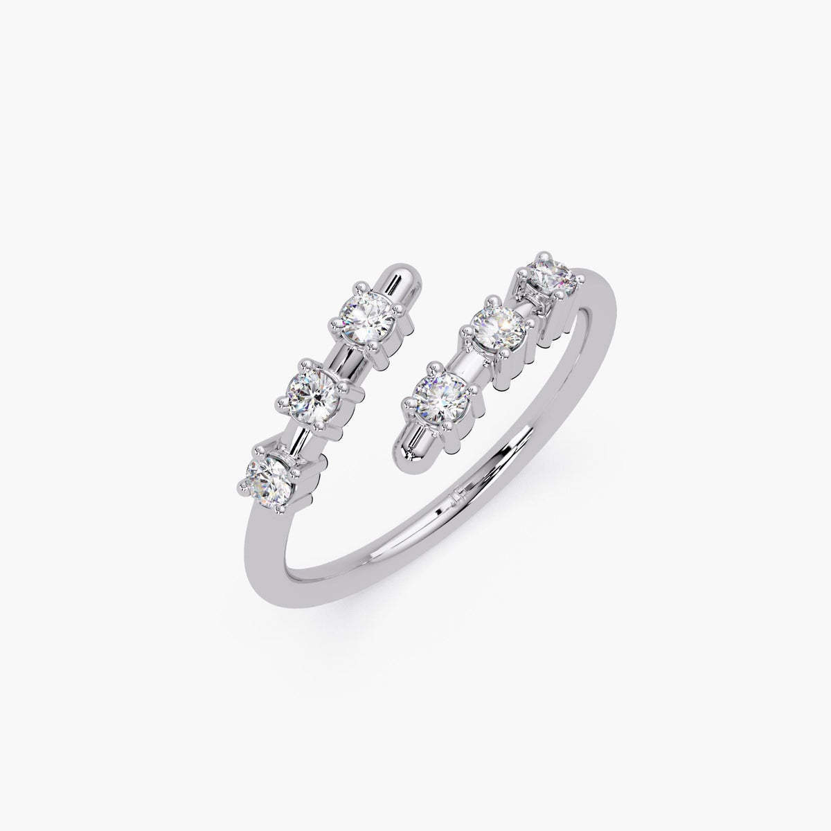 14K white gold with a modern crossover design, featuring two staggered rows of 2mm round lab-grown diamonds in floating prong settings.