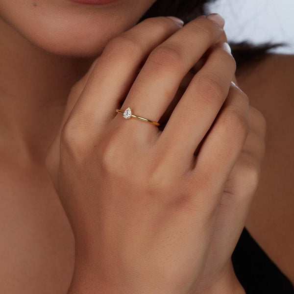 Pear Solitaire Diamond Ring in 14K Gold -  0.15 Ct Dainty Lab Grown Promise Ring -  Thin Band Stacking Gift