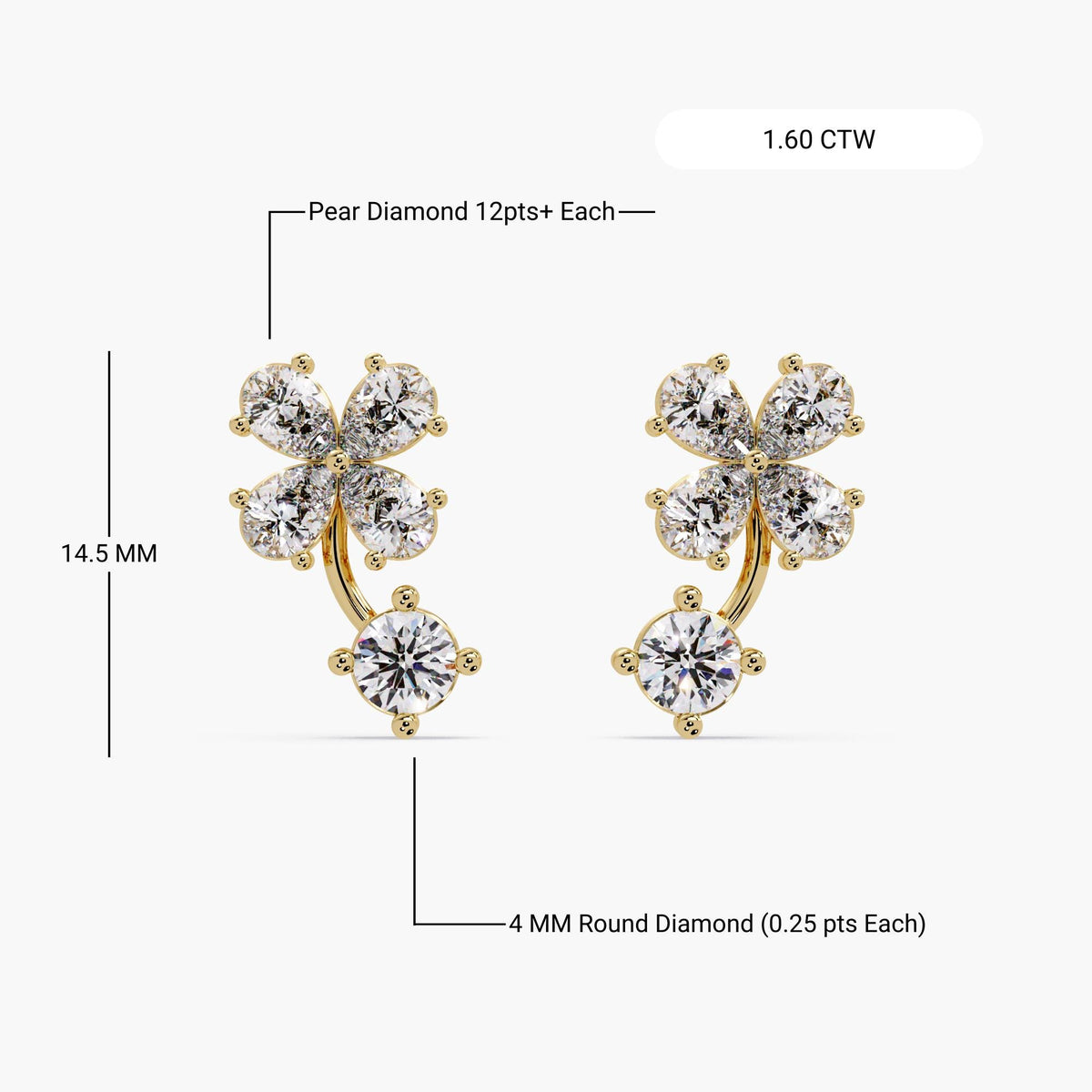 14K gold diamond earrings with labeled measurements: 14.5mm height, 4mm round diamond drop, and four pear-cut diamonds per stud. Total carat weight shown as 1.60 CTW. Clean prong-set design in solid gold, showcasing earring dimensions and diamond specs.