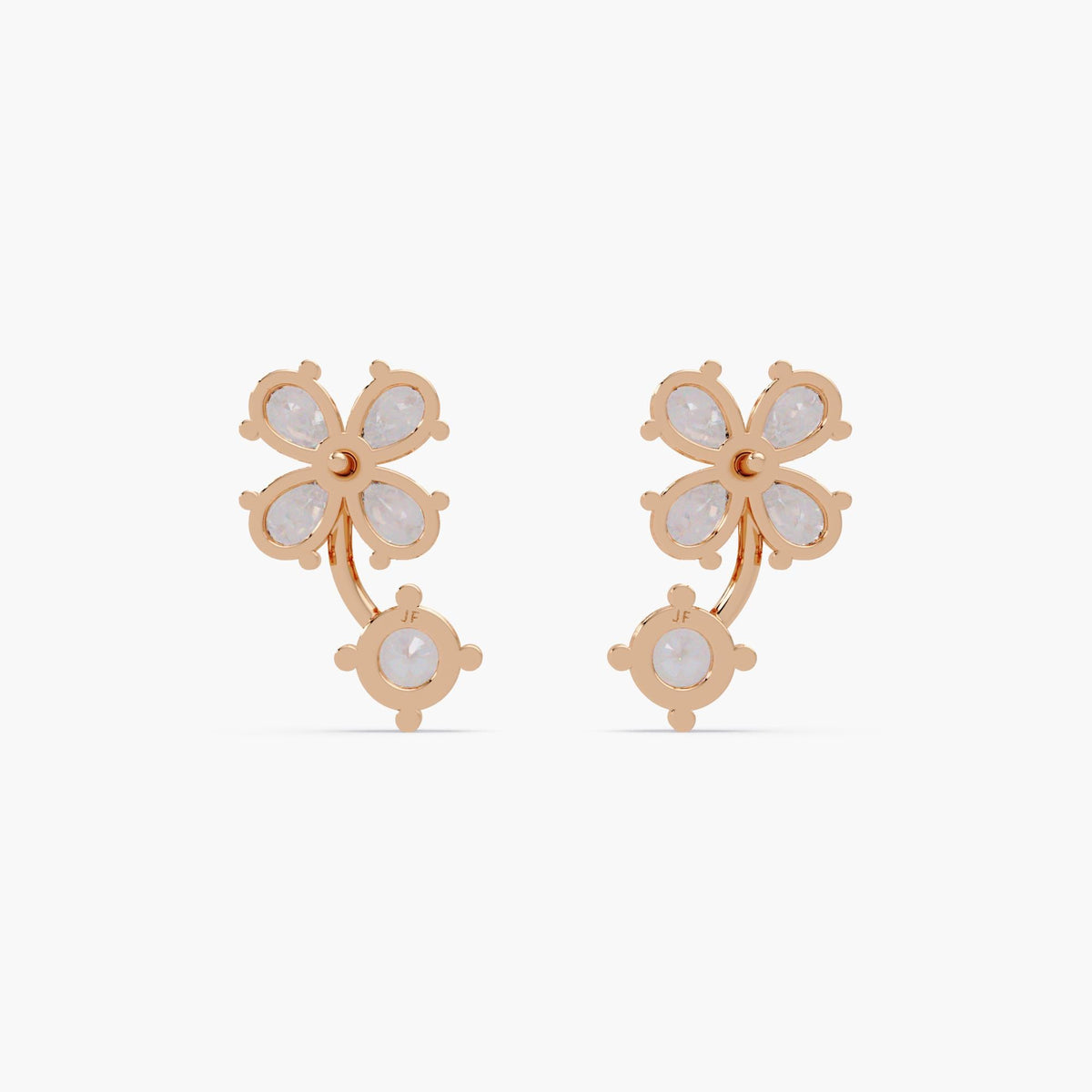 14K rose gold clover stud earrings featuring four pear-cut lab-grown diamonds and a round diamond drop, showcasing polished gold setting with secure prong detail and subtle “JF” engraving.