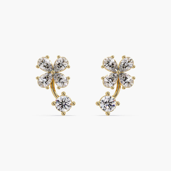 14K Gold Diamond Clover Earrings | Floral Cluster Studs | Solid Gold Four Leaf Earrings | Lab Grown Diamond Gift for Wife
