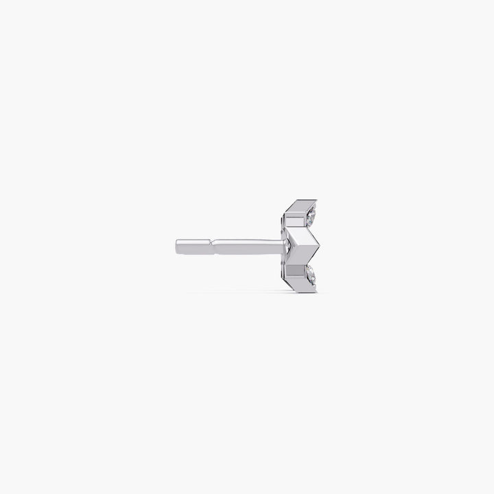 14K white gold cross shape stud earring with 5 natural round pavé diamonds, minimalist push back design dainty diamond stud.