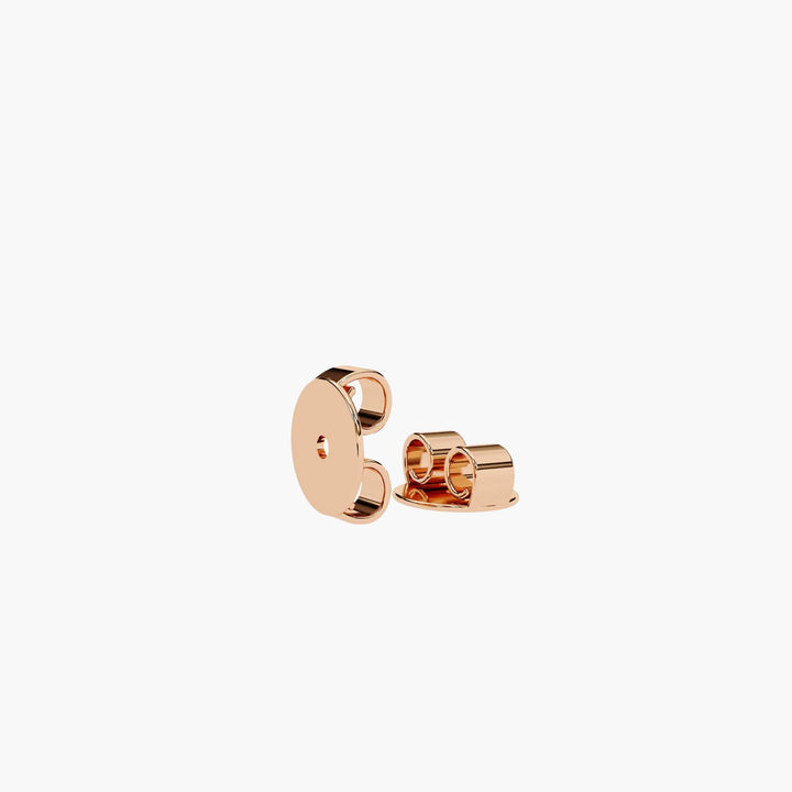 Pair of 14K rose gold earring backs, secure butterfly push back closures for stud earrings.