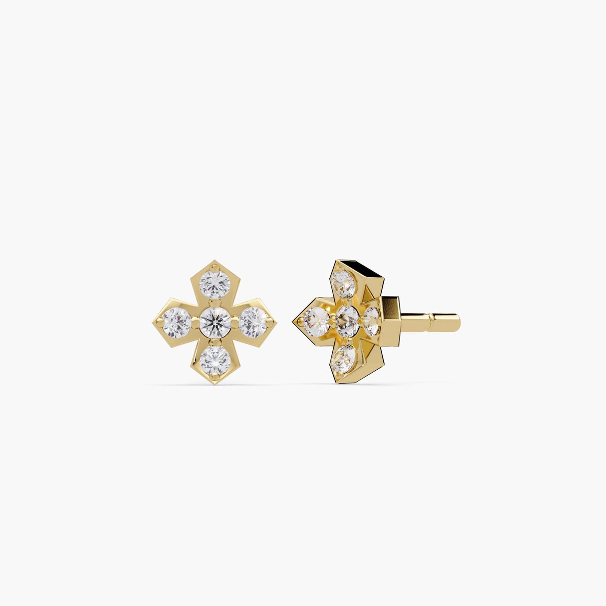 14K gold cross shape stud earrings with 5 lab grown round diamonds in pavé X-inspired design, 6.5mm dainty studs for everyday wear or gifting.
