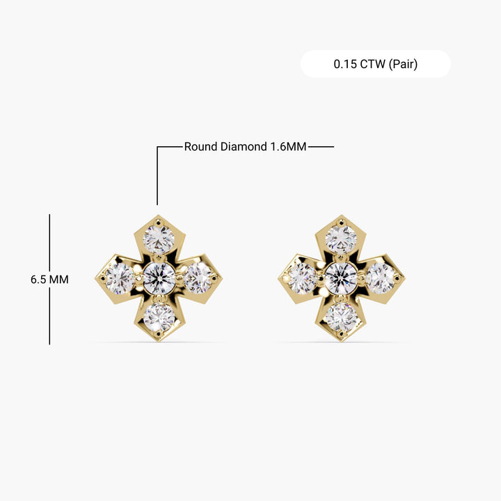 14K gold cross shape stud earrings with 5 natural round diamonds, 6.5mm size with 1.6mm stones, total 0.15 carat weight per pair.