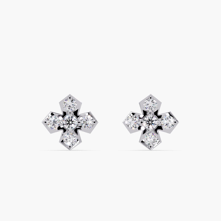 14K white gold cross shape stud earrings with 5 natural round pavé diamonds, dainty 6.5mm minimalist diamond studs for everyday wear or gifting.
