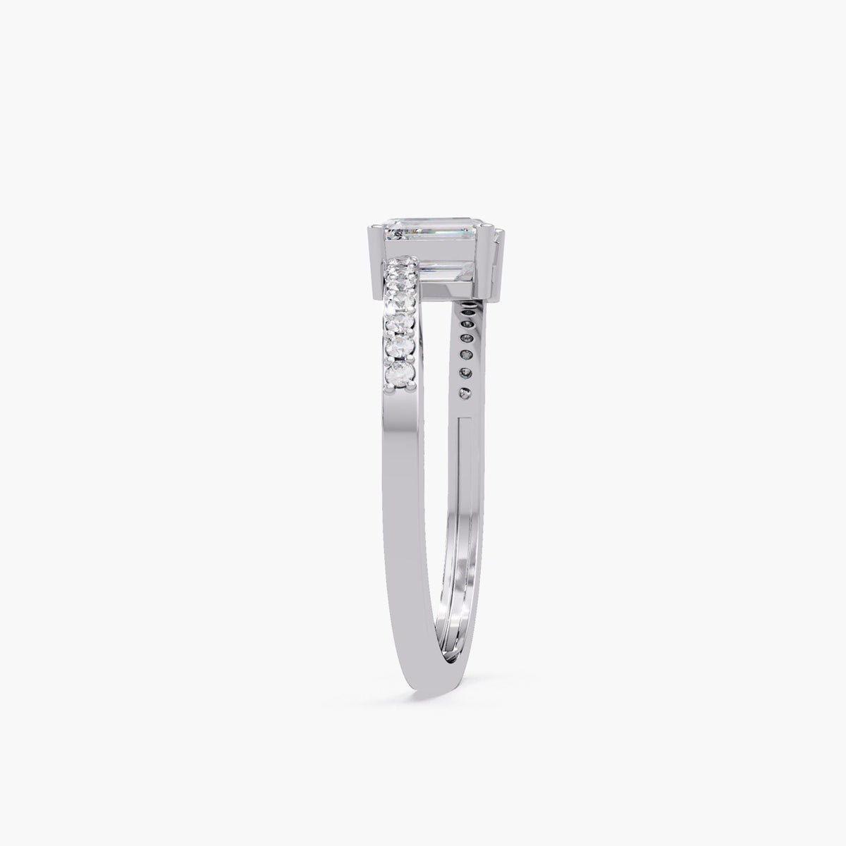 emerald cut diamond engagement ring, 14K white gold pavé band, four prong solitaire 0.50 ct lab grown diamond setting.