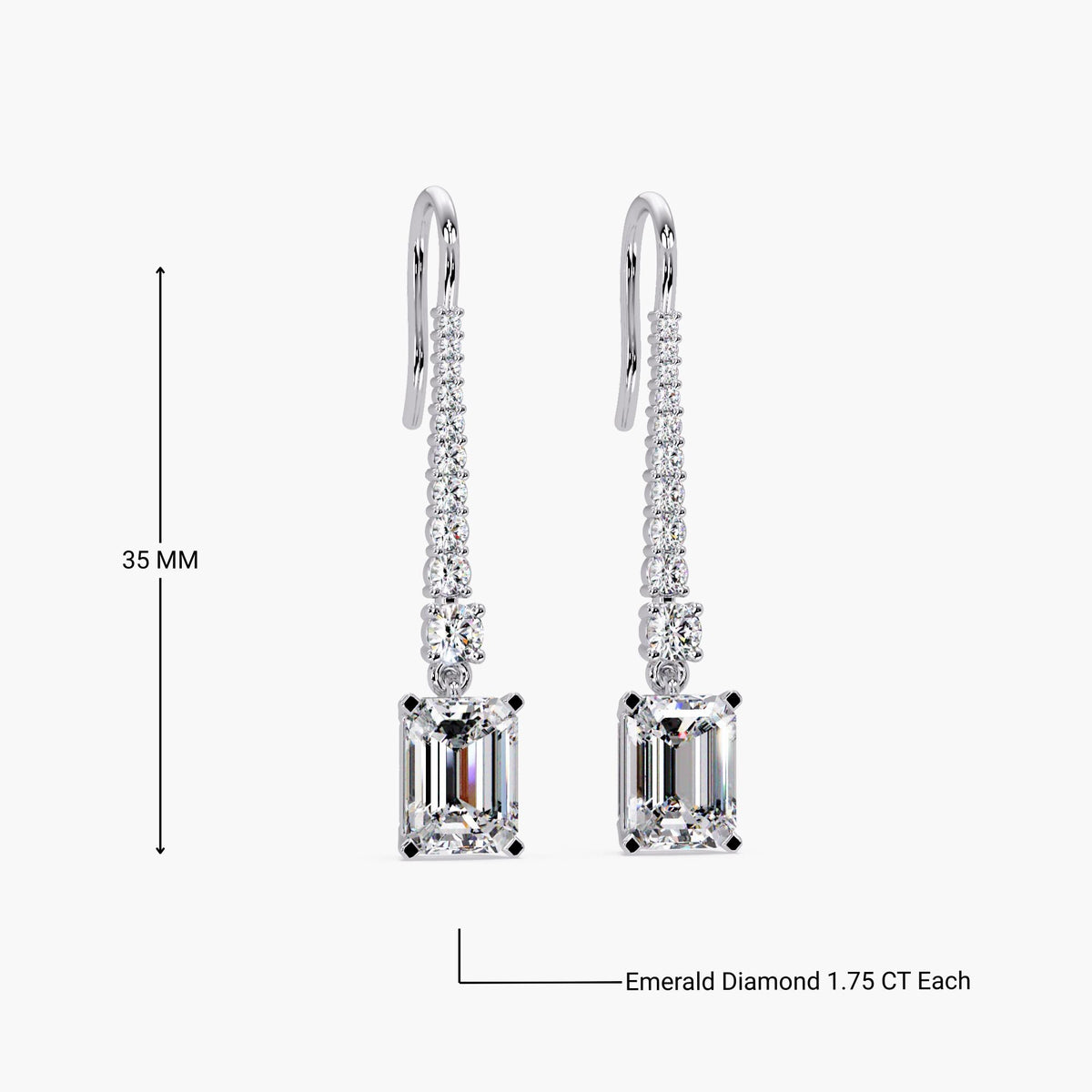 14K white gold lab diamond drop earrings with emerald cut 1.75 ct IGI certified diamonds and pavé round accents, 35mm long statement dangle design