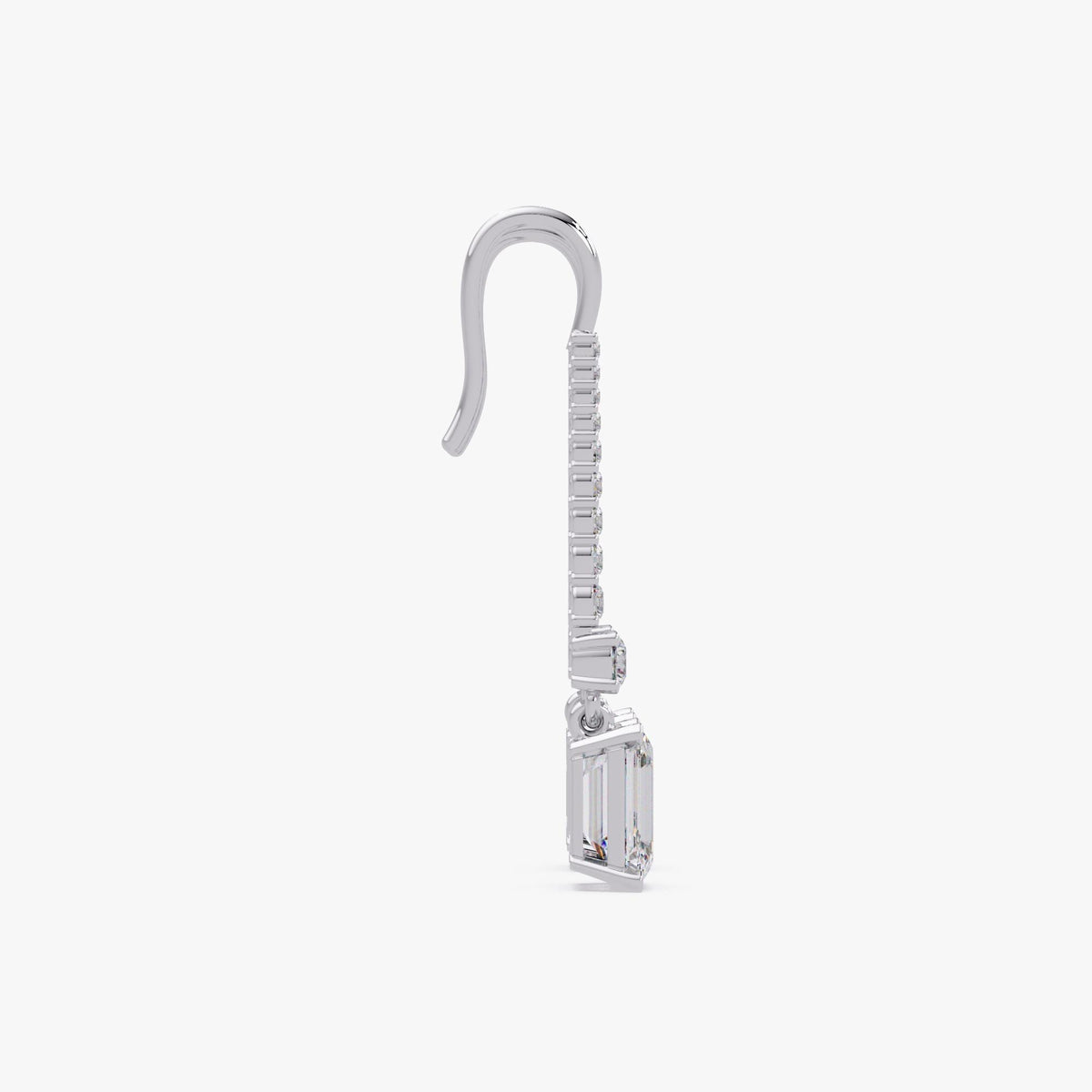 14K white gold emerald cut lab diamond drop earring with pavé diamond accents, 35mm long dangle design