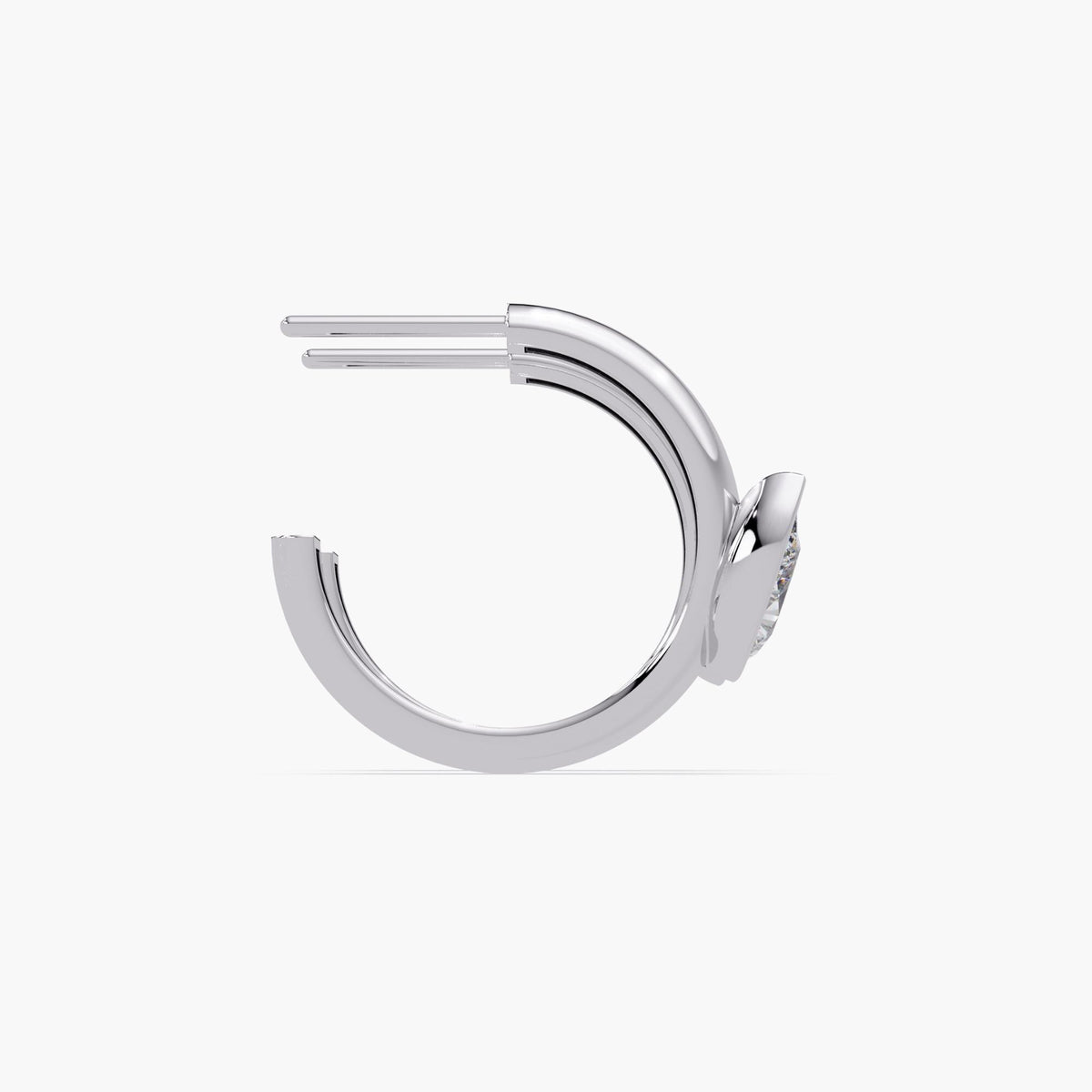 4K white gold hoop earring with bezel set pear diamond, semi-circle J-hoop design with double post closure