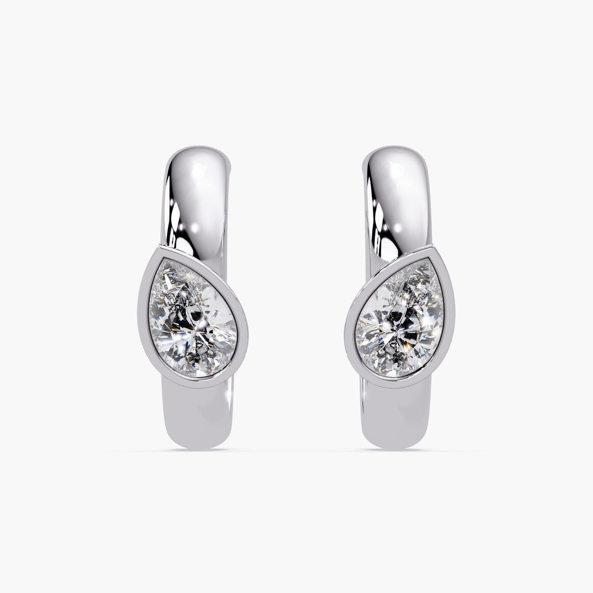 14K white gold pear diamond hoop earrings, 2 carat total weight with tilted pear cut bezel set diamonds, modern statement hoops for women