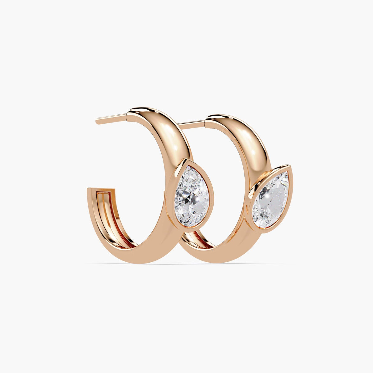 14K rose gold hoop earrings with bezel set tilted pear diamonds, 2 carat total weight modern statement hoops for women