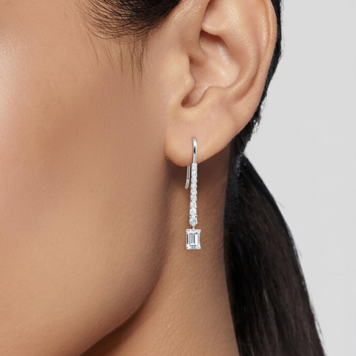 Emerald Cut Lab Diamond Drop Earrings: 14K Gold Pavé Dangle, 35mm