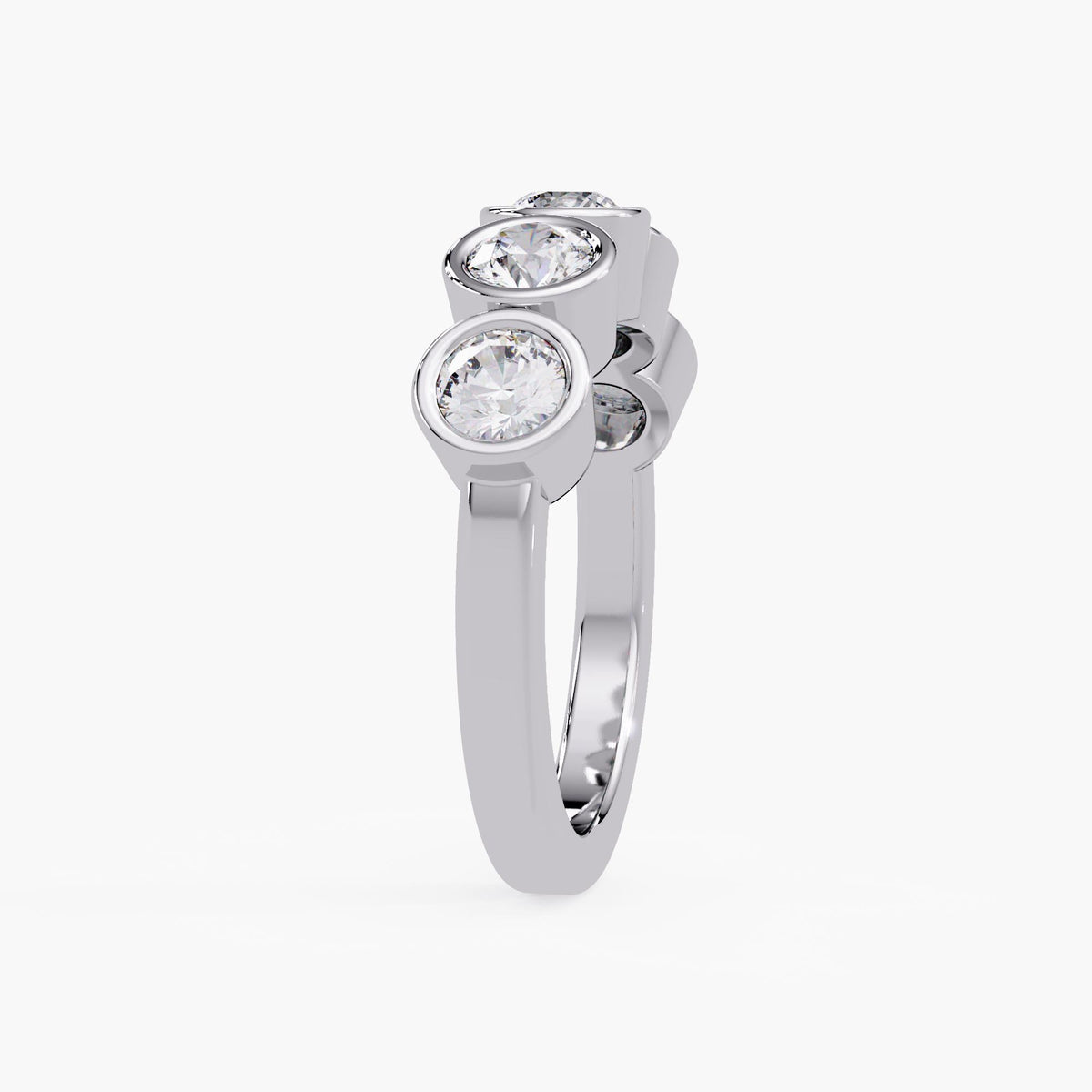14k white gold bezel five-stone diamond band.