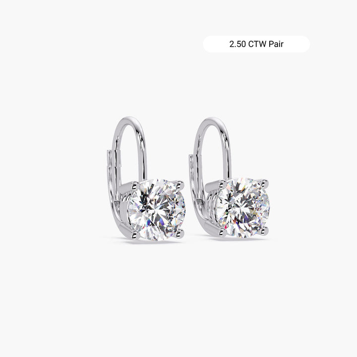 Prong Set Round Lab Diamond Leverback Earrings in 14K White Gold, 2.50 CTW Pair