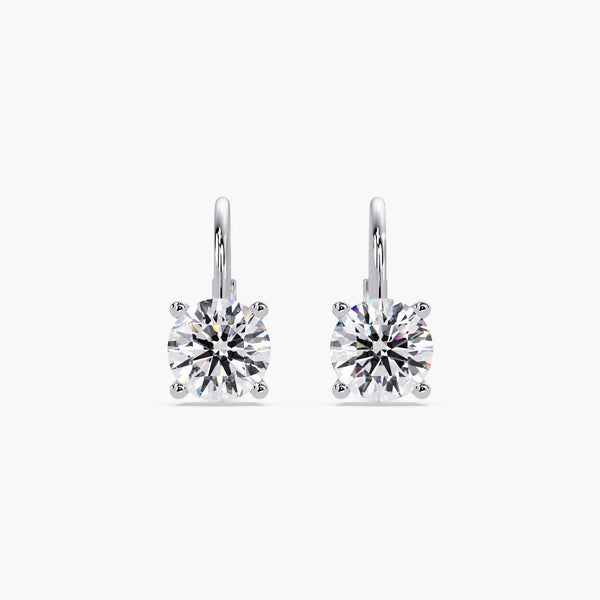 14K White Gold Leverback Diamond Earrings with Prong Setting, Round Lab Diamond Drop Earrings Pair