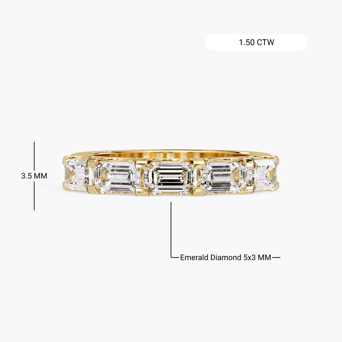emerald cut diamond band in 14K yellow gold showing five 5x3mm lab-grown diamonds, 1.50 CTW total, with 3.5mm band width labeled.
